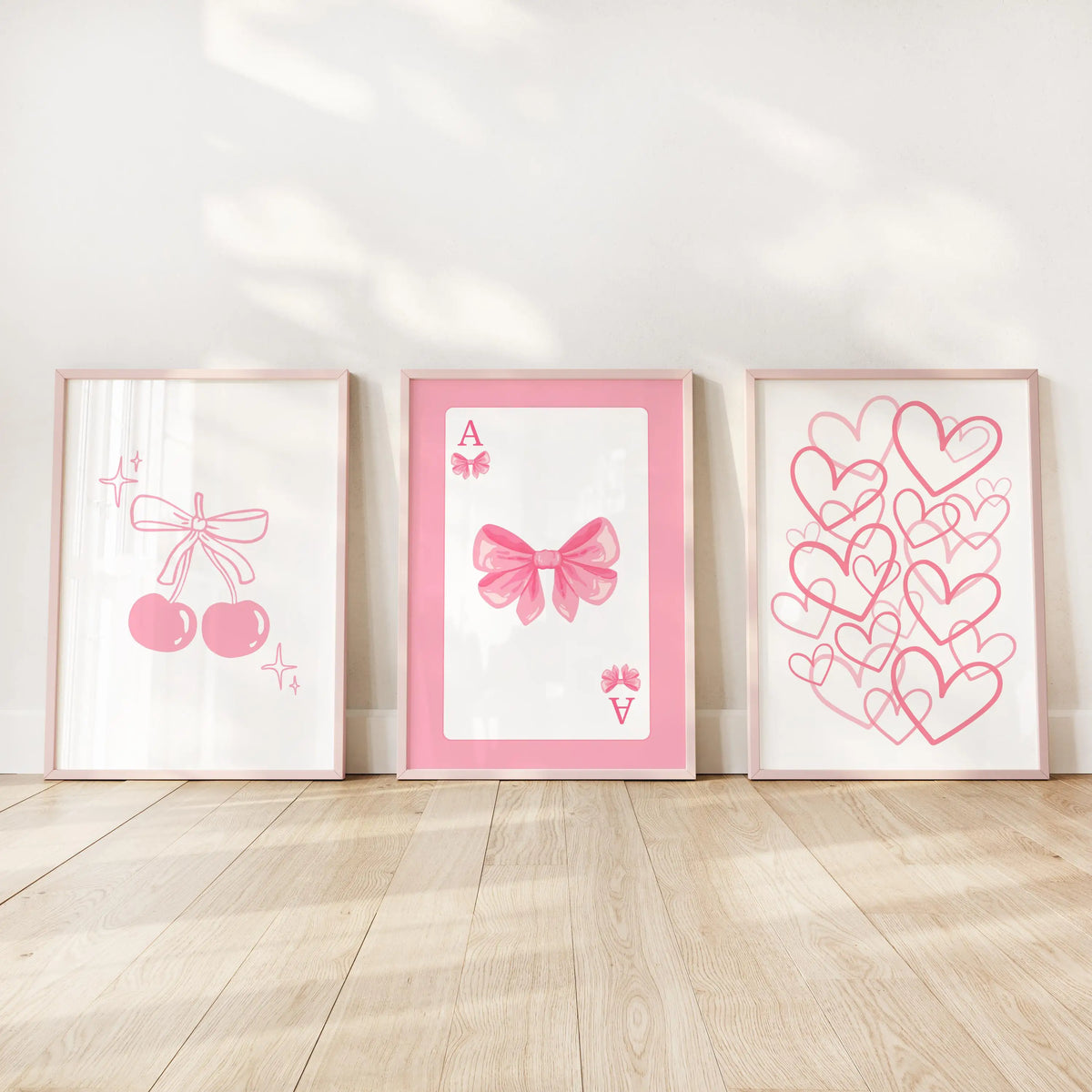 affiches minimalistes modernes coeurs cerises rubans blanc rose decoration murale aquarelle high quality digital
