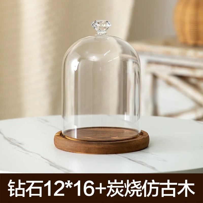 cloche verre transparent base bois bougie parfumée pinçon décoratives