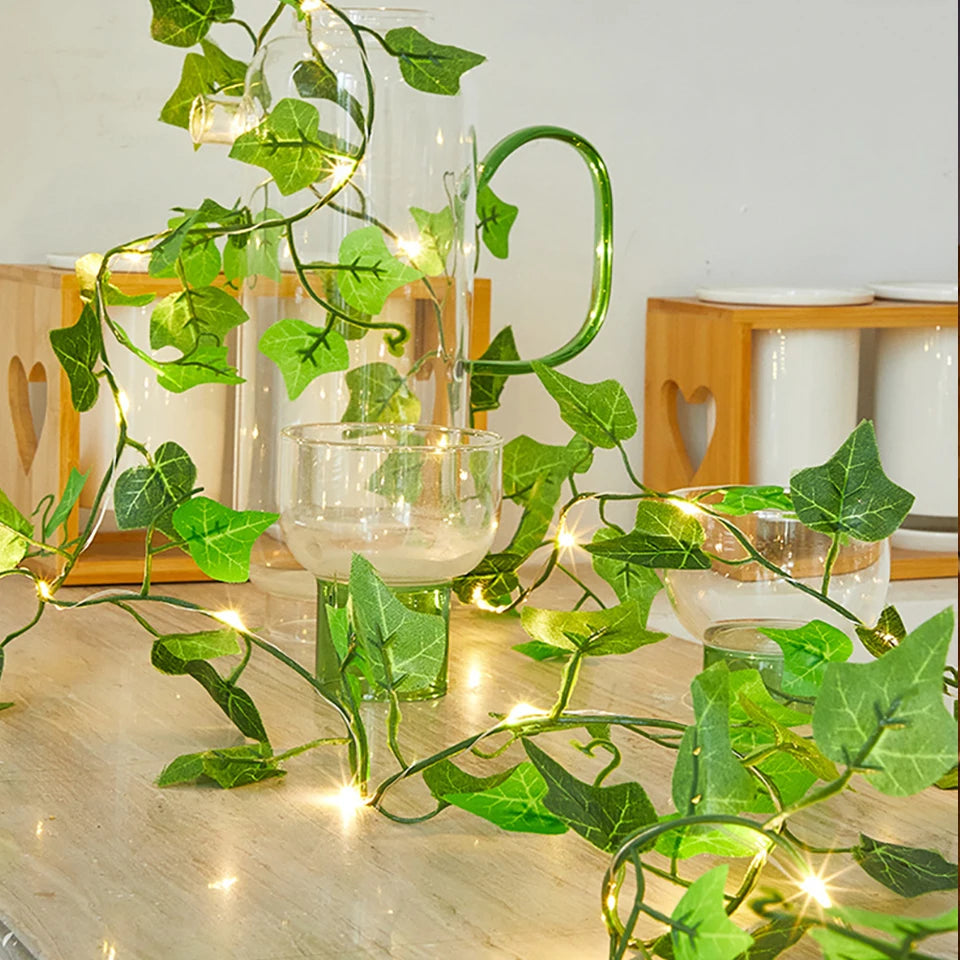 guirlande lumineuse feuilles vertes lierre artificiel led blanc chaud mariage festif chambre decoration