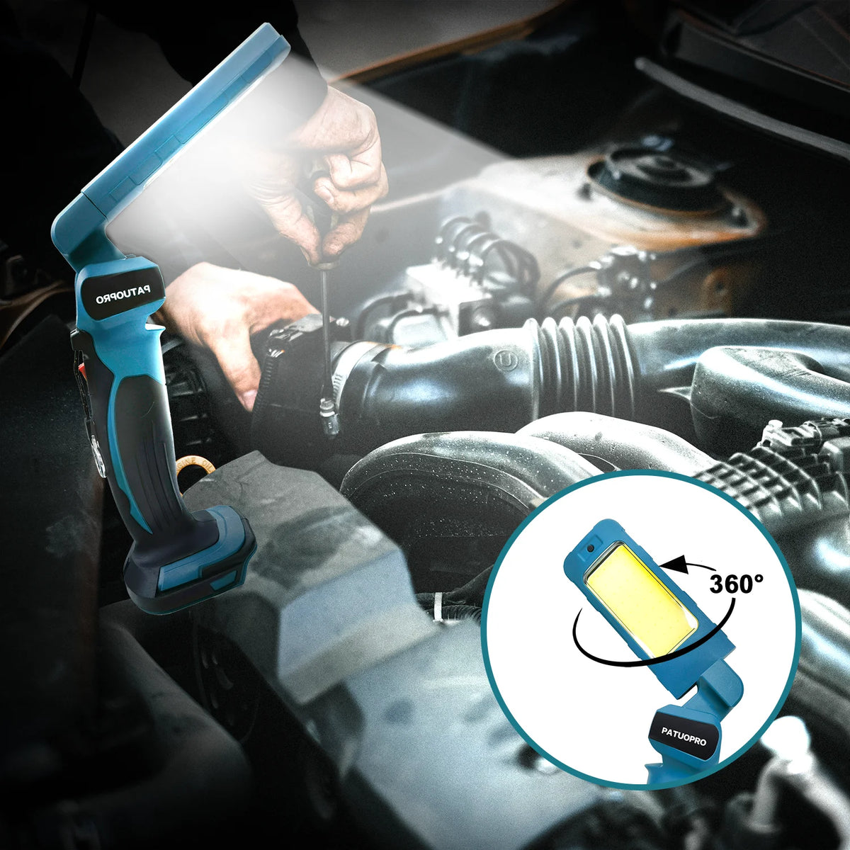lampe travail led rechargeable batterie ion lithium poignée bleu turquoise gris professionnel rotatif 180