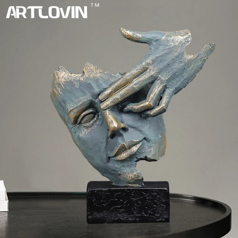 Sculpture abstraite penseur résine argent vue profil