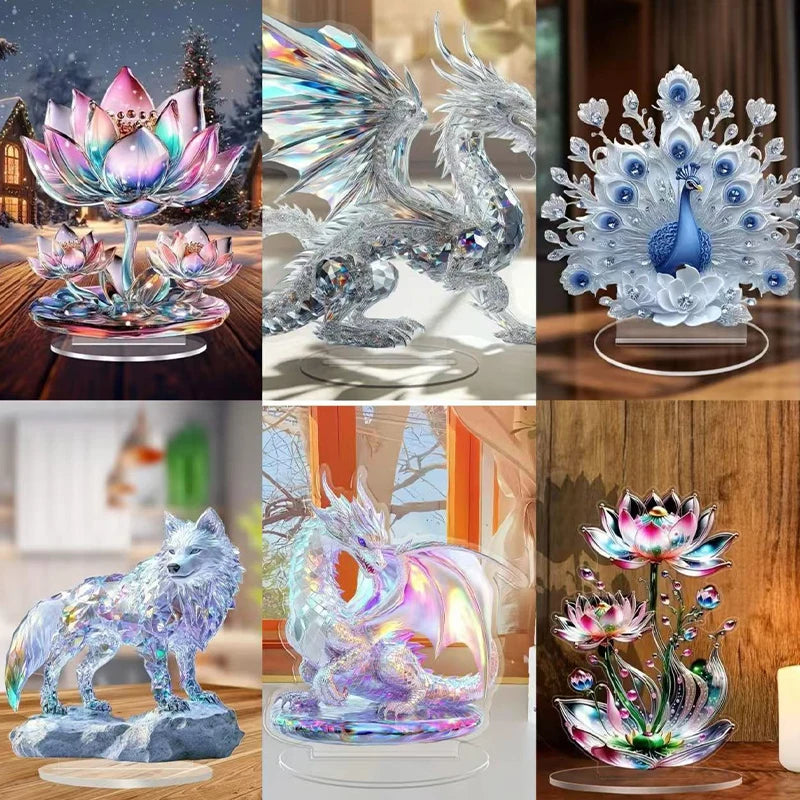 sculpture paon plumes ornements bleus argentés sculpture dragon ailes déployées sculpture loup socle rocheux