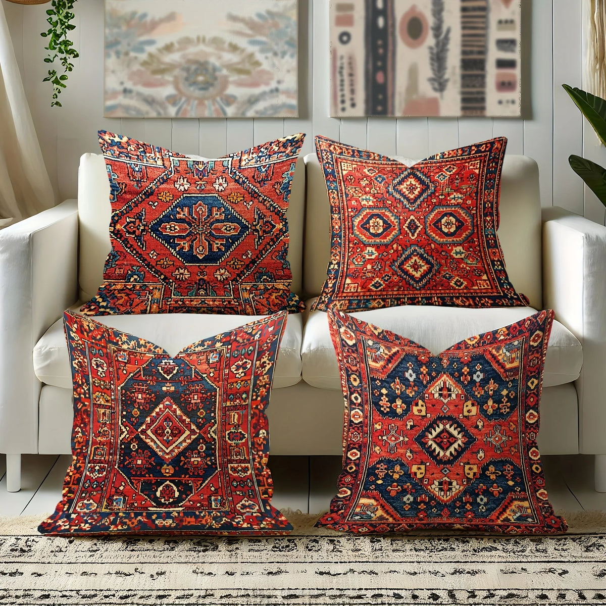 housse coussin ethnique motif géométrique rouge bleu polyester tissage artisanal zipper décoration canapé lit