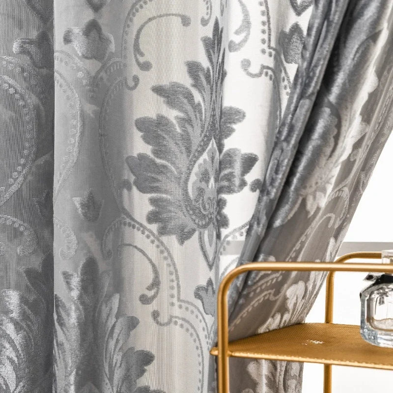 rideau gris brodé motif floral élégant semi transparent salon chambre moderne