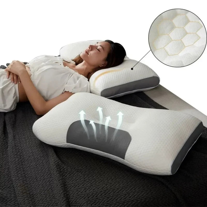 coussin sommeil blanc gris texture nid d'abeille latex coton ergonomique face foil protection cou