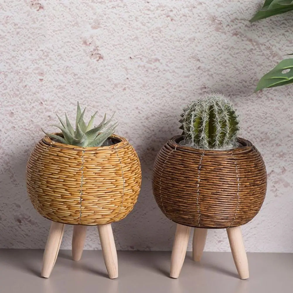 cache pot tressé rotin moderne cactus feuilles vertes marron clair pieds bois durable tissé