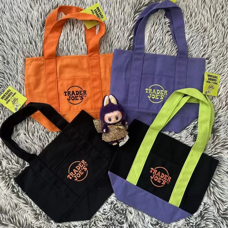 sac main réutilisable toile orange violet noir vert moderne poignées détachables étiquette logo sac