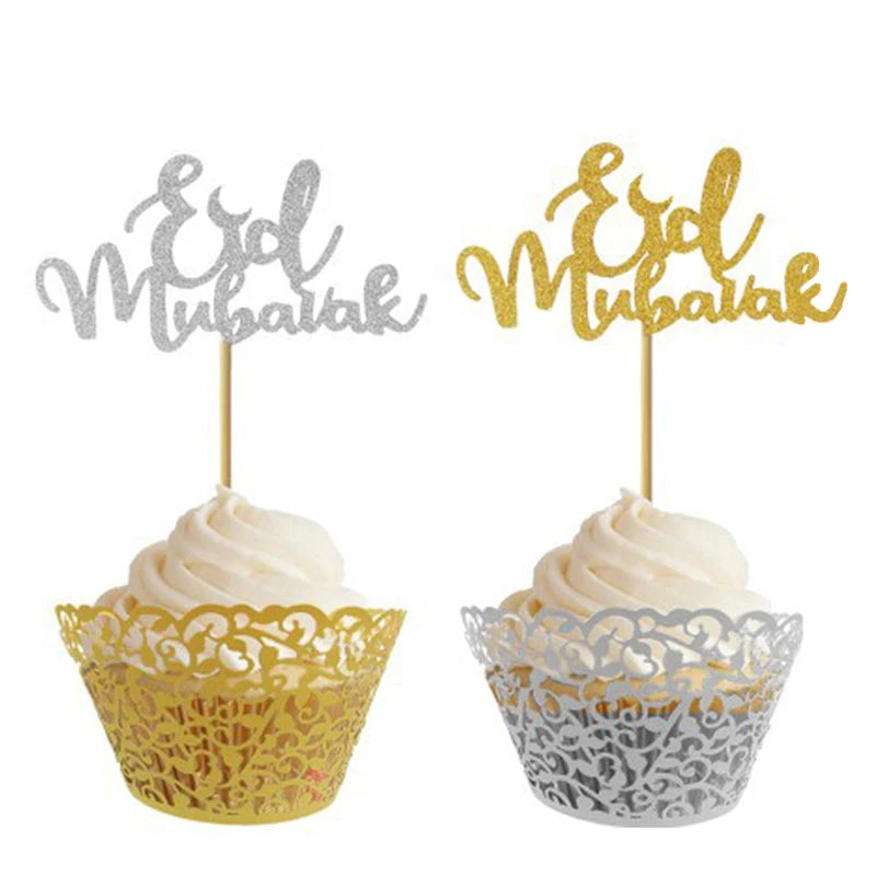 décoration gâteau or argent étoiles lune écriture cursive pique bois fête İslam festive
