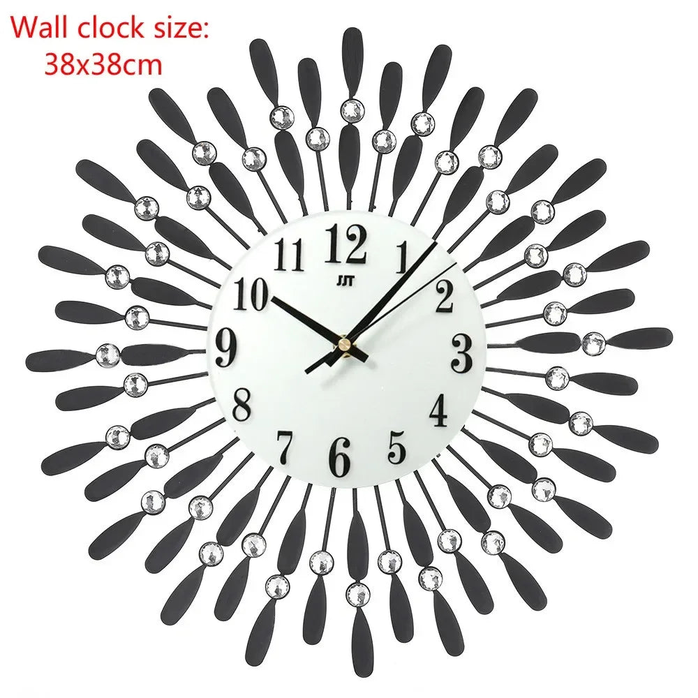 horloge murale moderne or noir strass circulaire 38x38cm salon décoration aiguille acrylique métal