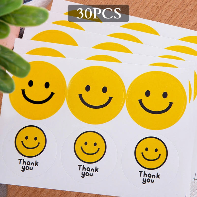 autocollants smiley colorés thank you papier jaune rose bleu vert enfantins emballage cadeaux cartes