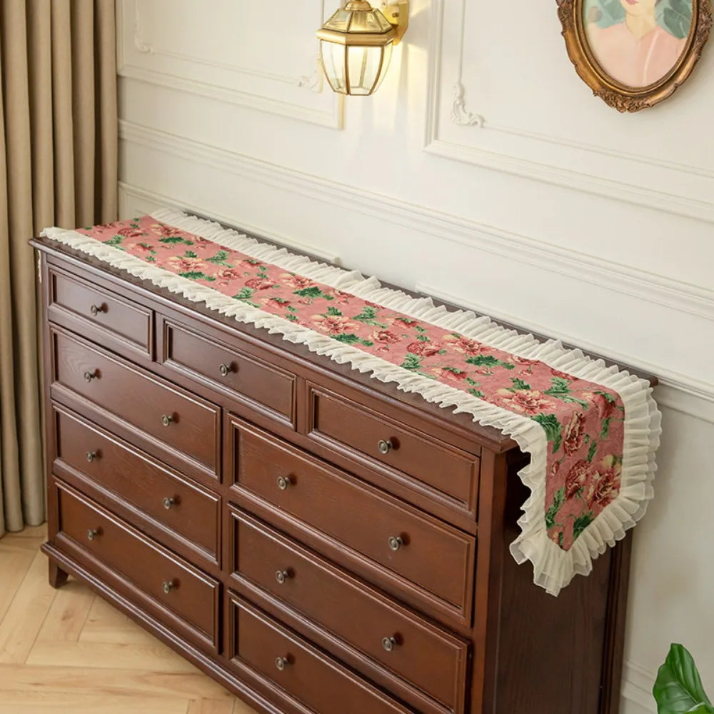 chemin table vintage rose vert blanc fleurs feuilles fronces coton polyester