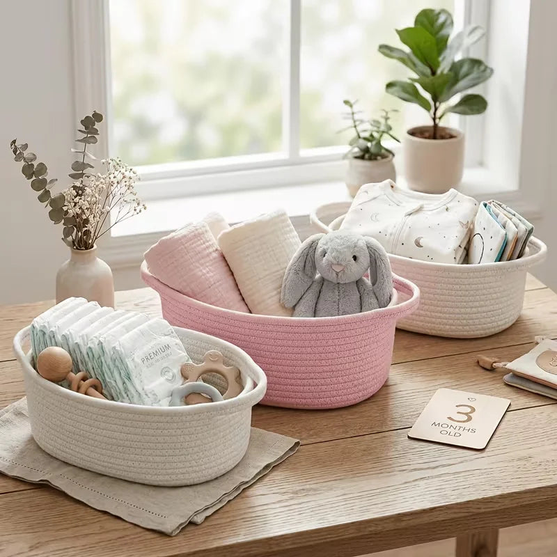 paniers rangement tressés coton scandinave blanc rose minimaliste multifonctionnels
