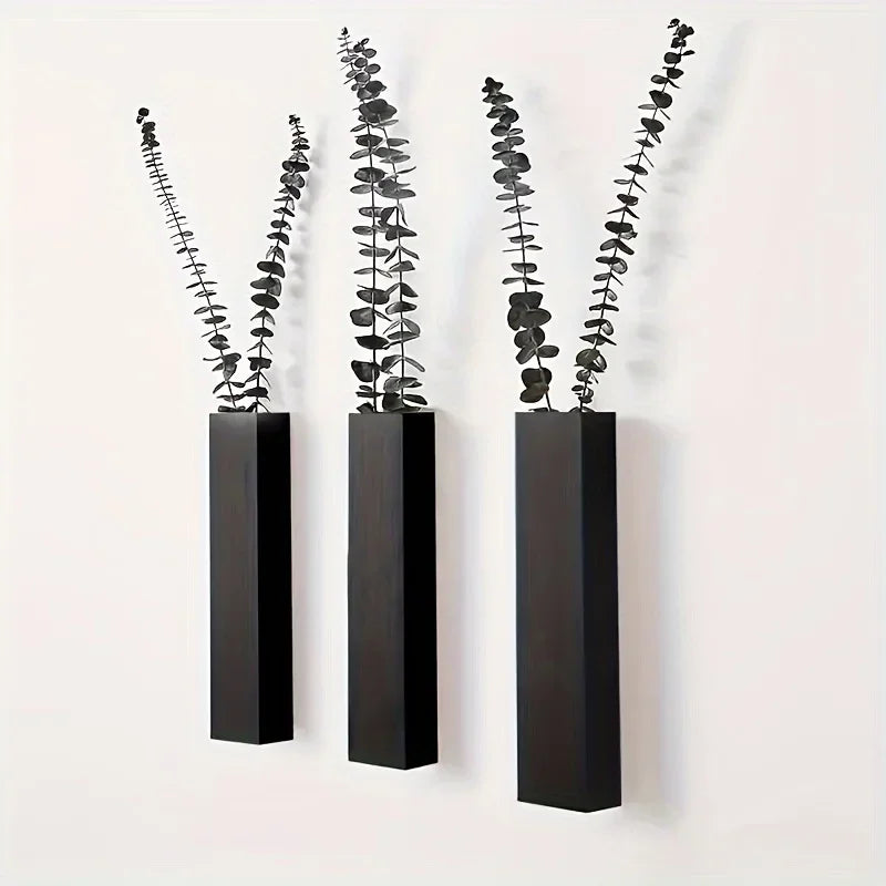 vases muraux rectangulaires bois noirs modernes plantes fleurs séchées décoration intérieure fixations murales