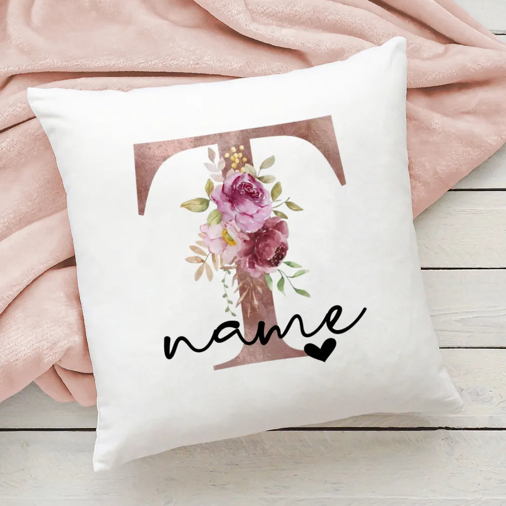 taie d'oreiller motif floral rose lettres initiales respectueux environnement moderne blanc