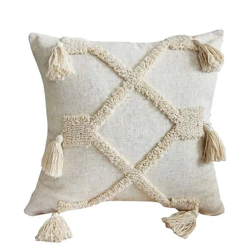 coussin carré beige motif losange texture bouclée décoration maison boho franges