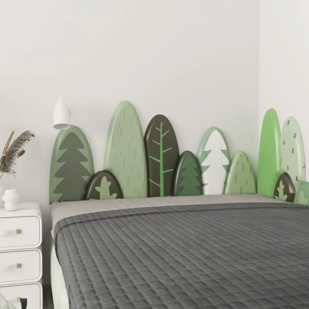 tête lit moderne motif feuilles verte gris chambre enfant décoration bois acajou ornemental intérieur