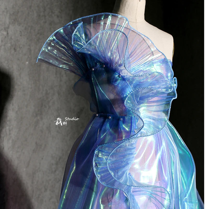 robe élégante polyester dentelle rayures fines bleu translucide boutons manchette moderne