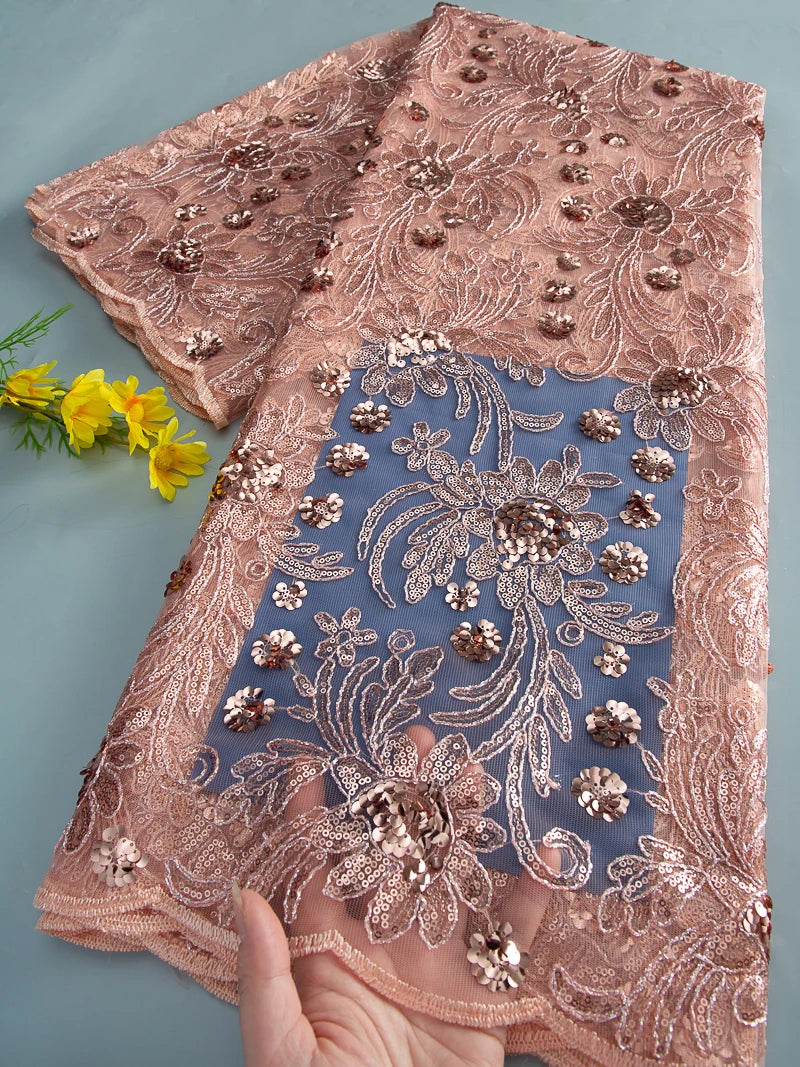 tissu polyester floral pailleté orange doré bleu vert translucide brodé party wedding prom dress