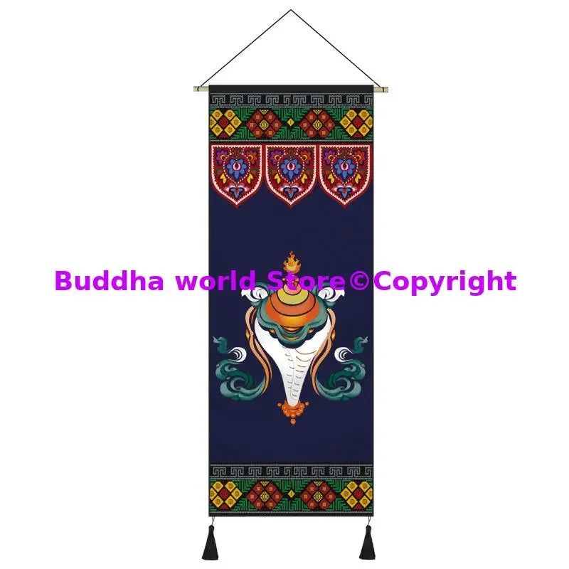 tapisserie bouddhiste ornements religieux symboles géométriques bleu multicolore crochets métalliques
