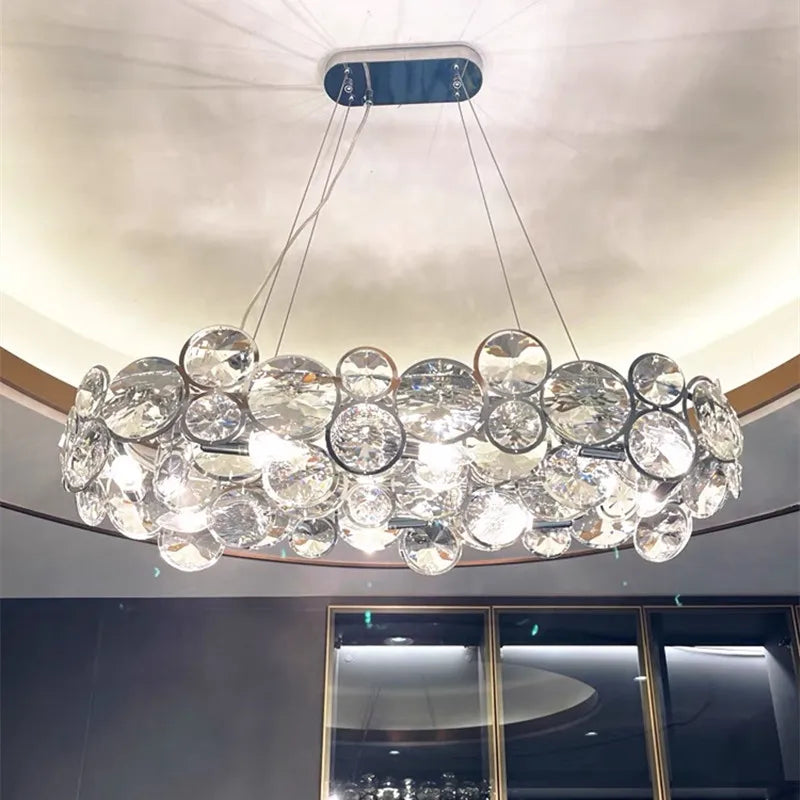 Suspension lumineuse moderne cristal transparent rond facettes chaînes métalliques salon chambre