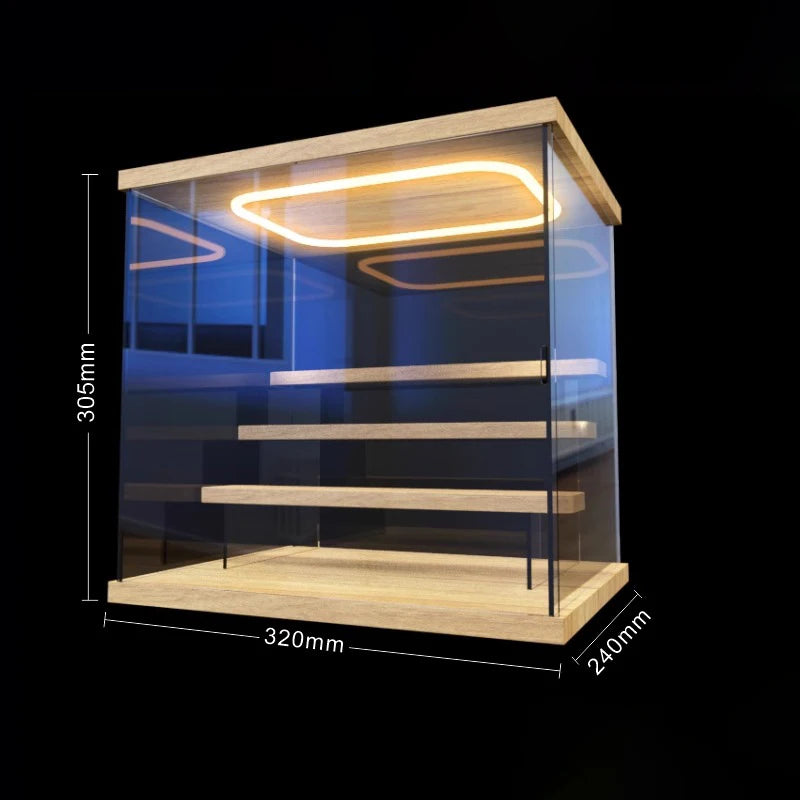 étagère figurines transparente moderne bois clair réutilisable pliable organisateur collection carrée respectueuse environnement minimaliste