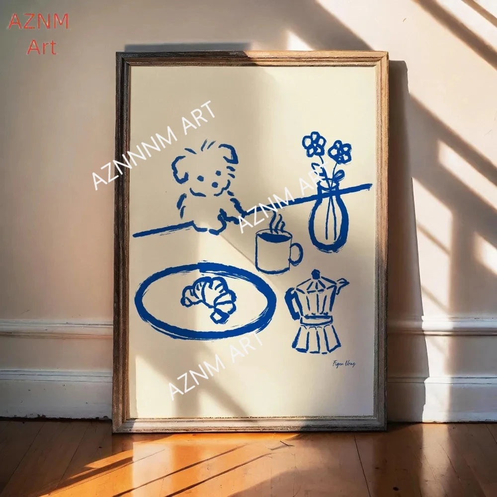 affiche minimaliste enfantin dessin animé simple lignes couleurs beige marron bleu vert rose toile