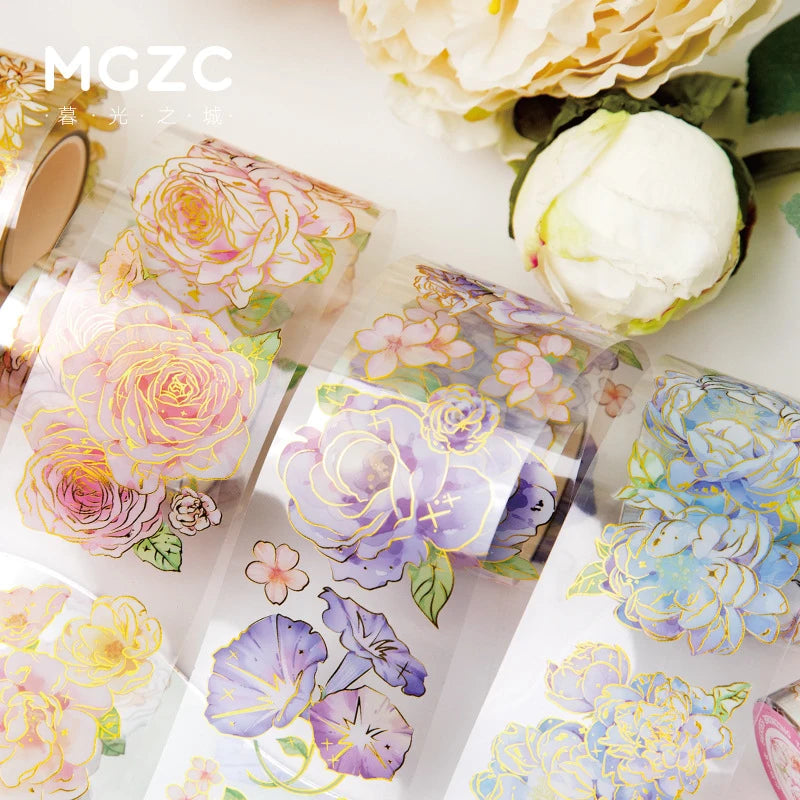 ruban decoratif floral adhesif rose violet bleu jaune blanc fleurs feuilles vertes dorées 45mm