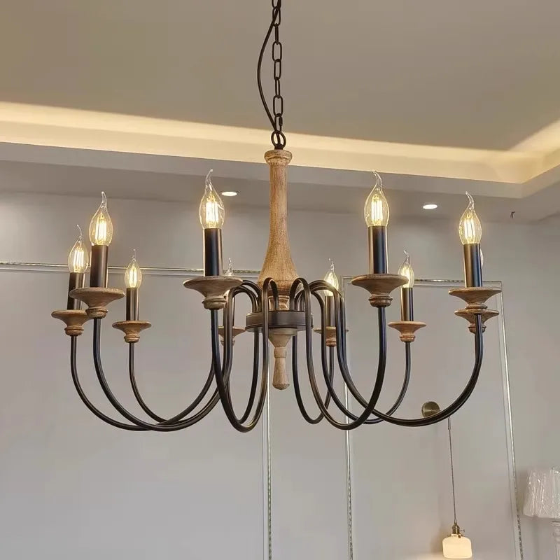 lustre bois vintage noir ampoules e14 cinq bras salon chambre coucher rustique