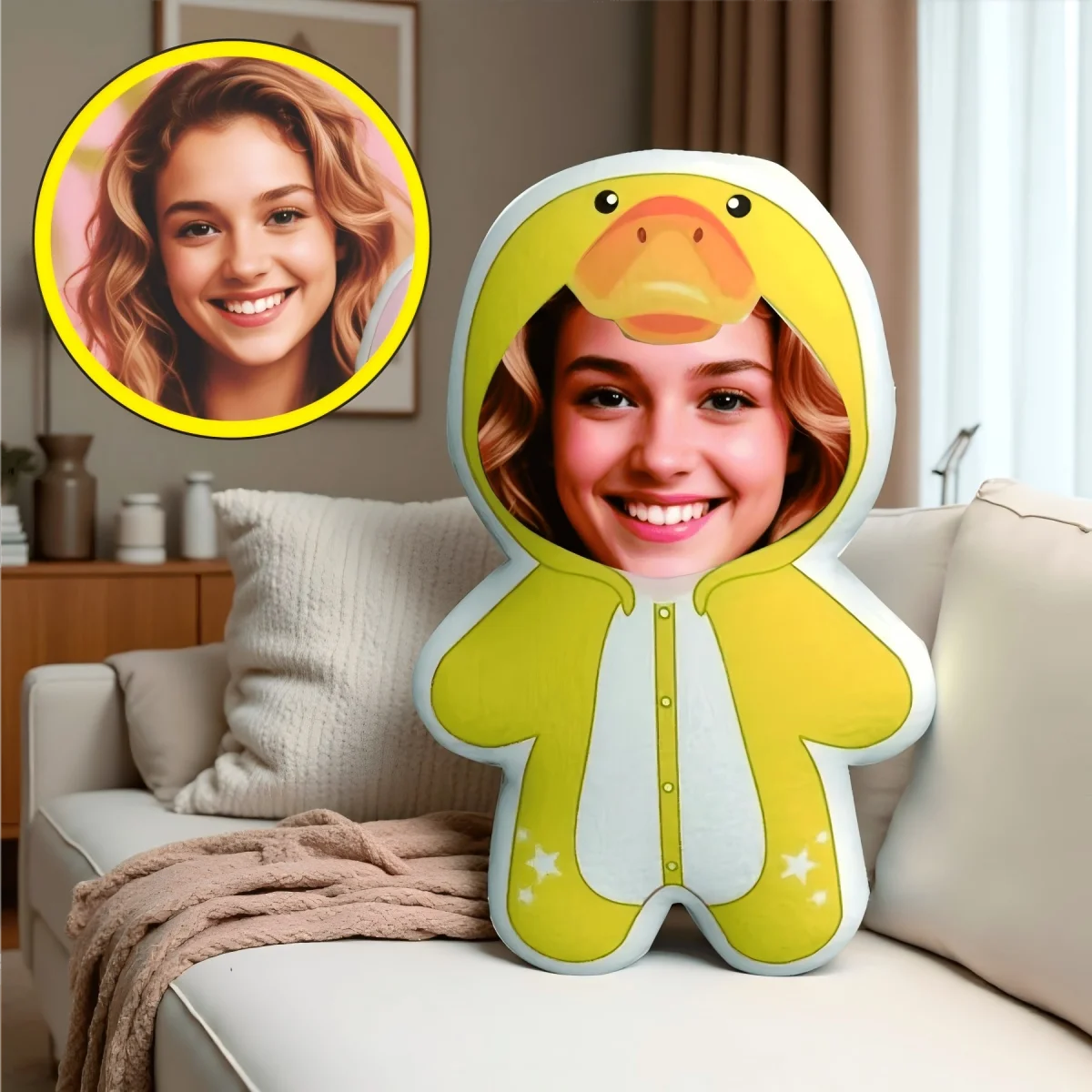 coussin personnalisable jaune imprimé visage étoiles moderne créatif machine lavable 20cm 30cm 40cm