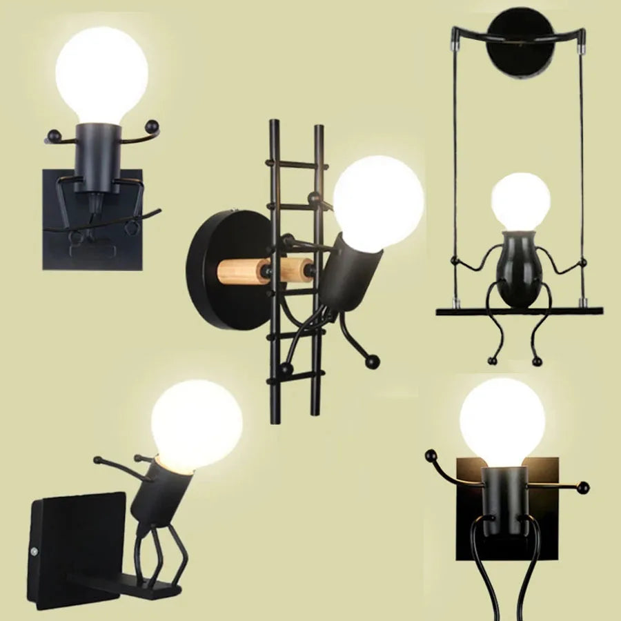 applique murale enfant personnage stylisé fer noir blanc lampe chambre décoration moderne