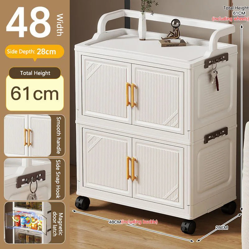 meuble rangement pliable blanc roulettes portes poignées dorées vêtements