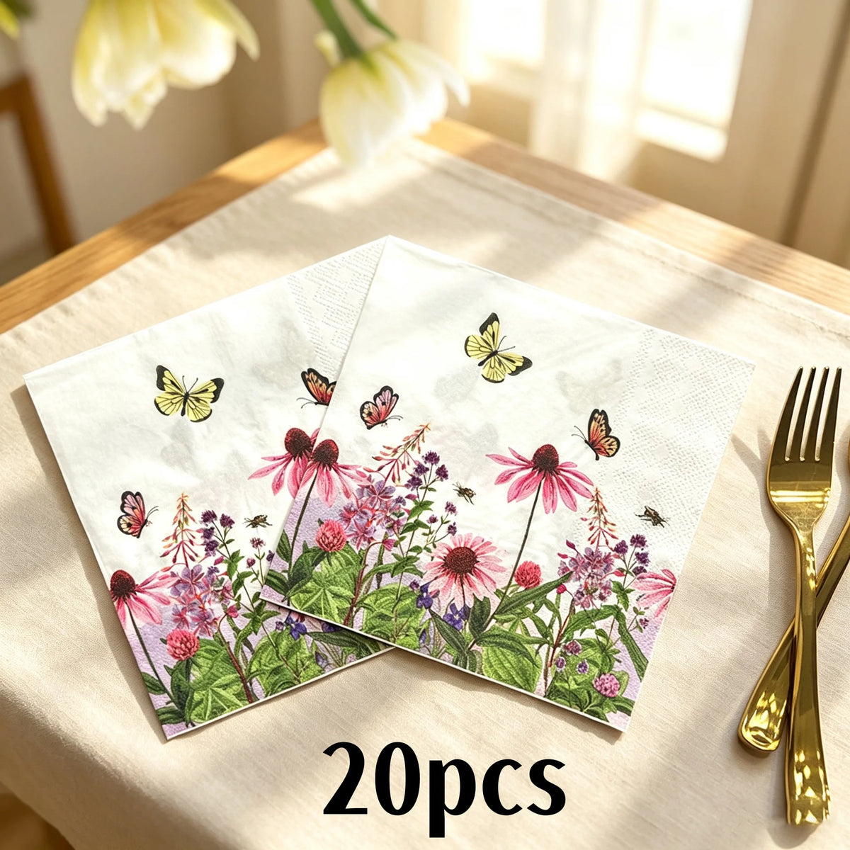 serviettes papier multicolores fleurs papillons illustration mariage anniversaire décoration table thé