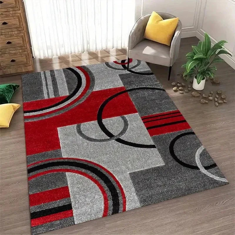 tapis salon moderne géométrique motif carrés superposés gris noir rouge bleu intérieur maison