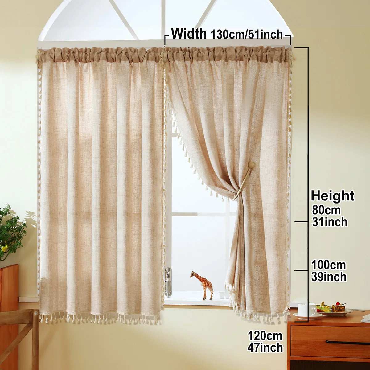 rideau polyester texture lin classique beige clair opacité ruban fixation pompons chambre cuisine