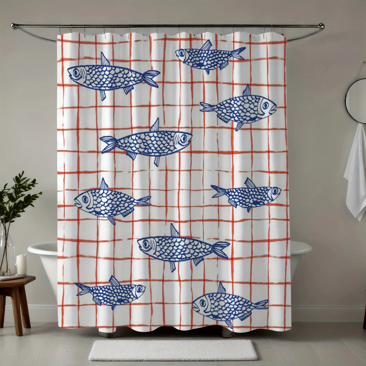 rideau douche moderne poissons bleus carreaux rouges polyester blancs 180x120cm transparent anneaux métalliques