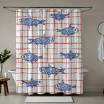 rideau douche moderne poissons bleus carreaux rouges polyester blancs 180x120cm transparent anneaux métalliques