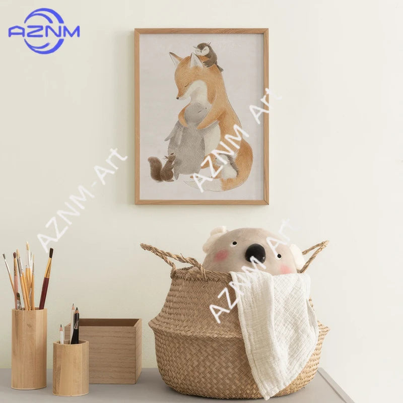 affiche toile animaux mignons chambre enfant décoration mur bois cadre panda ours renard singe