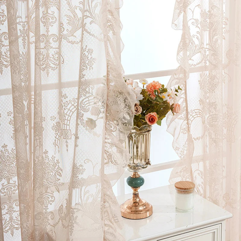 rideau floral transparent polyester beige clair classique décoration intérieure chambre