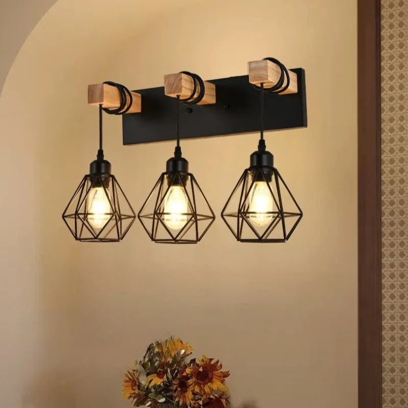 applique murale industrielle triple ampoule noir bois clair vintage mur trois lumières
