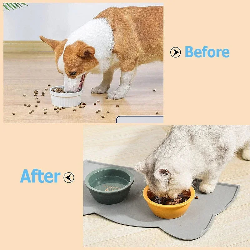 tapis nourriture animaux gris vert orange rouge chat moderne pratique