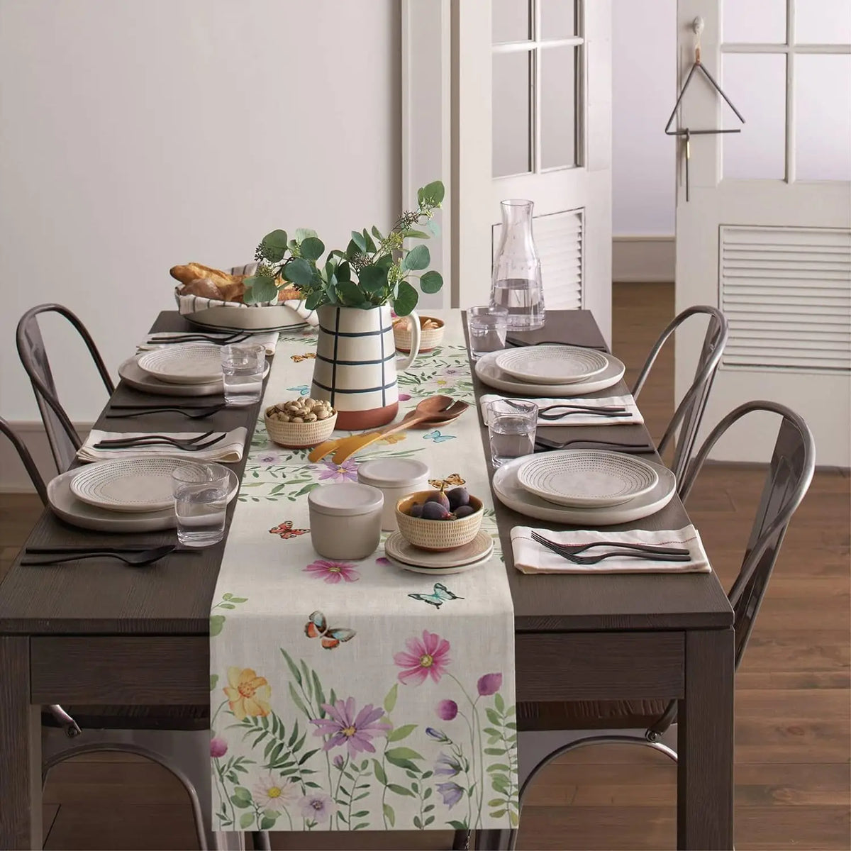 nappe lin imprimée fleurs papillons décoration intérieure été maison serviettes assiettes verres