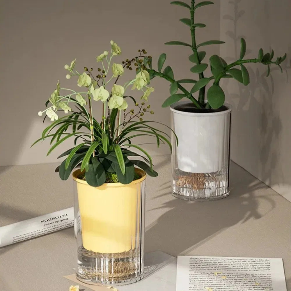 Pot plante moderne transparent jaune vert rose blanc auto arrosage plantes inclusion