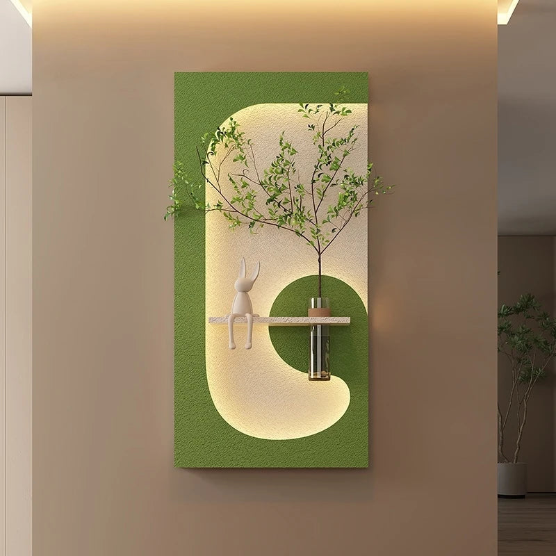 tableau mural moderne lampe led plante verte motif abstrait bois couleur beige vert marron