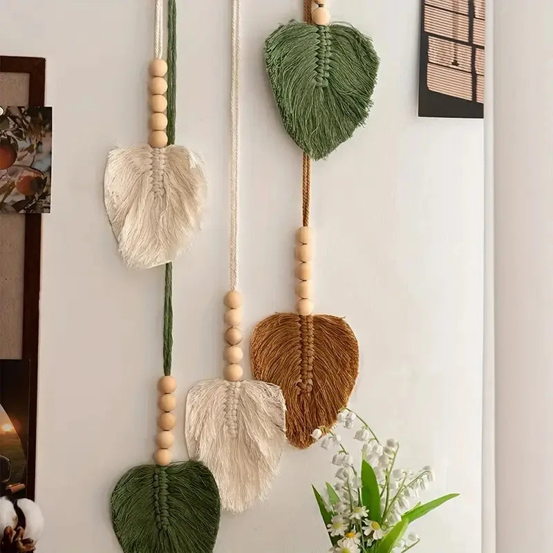 décoration murale boho feuilles vert polyester macramé crochet bois naturel