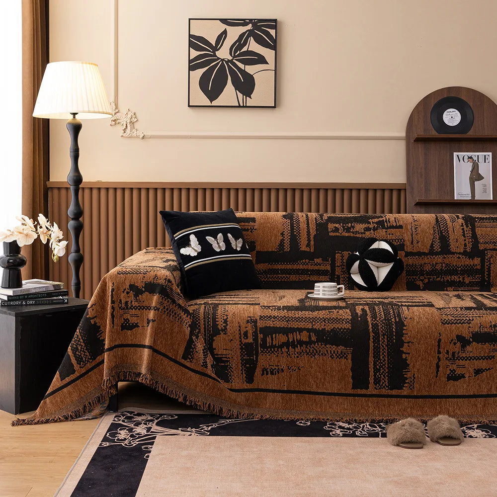housse canapé universelle marron motif géométrique moderne tissu jacquard salon fauteuil grande taille