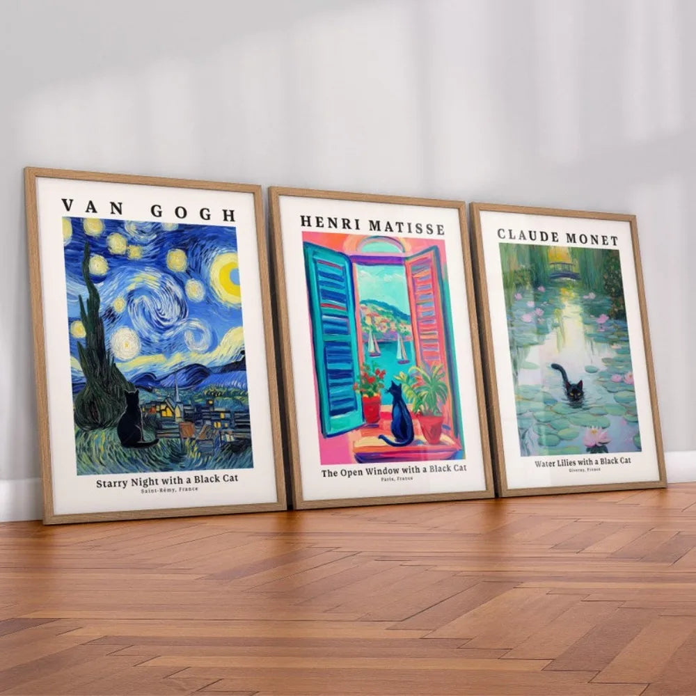 affiches art classique peintures célèbres nuit étoilée fenêtre ouverte nénuphars bleu jaune vert noir