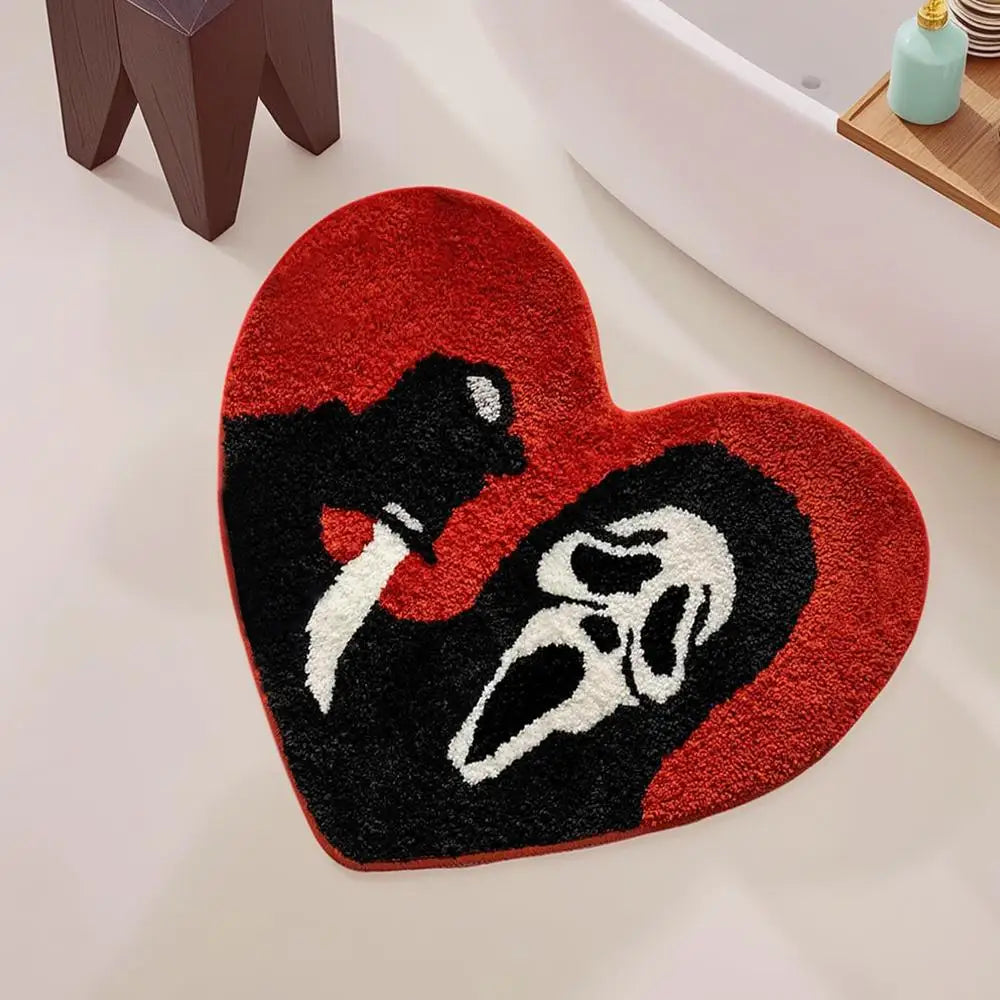 tapis porte salle bain rouge noir blanc crâne halloween texture épaisse moderne graphique