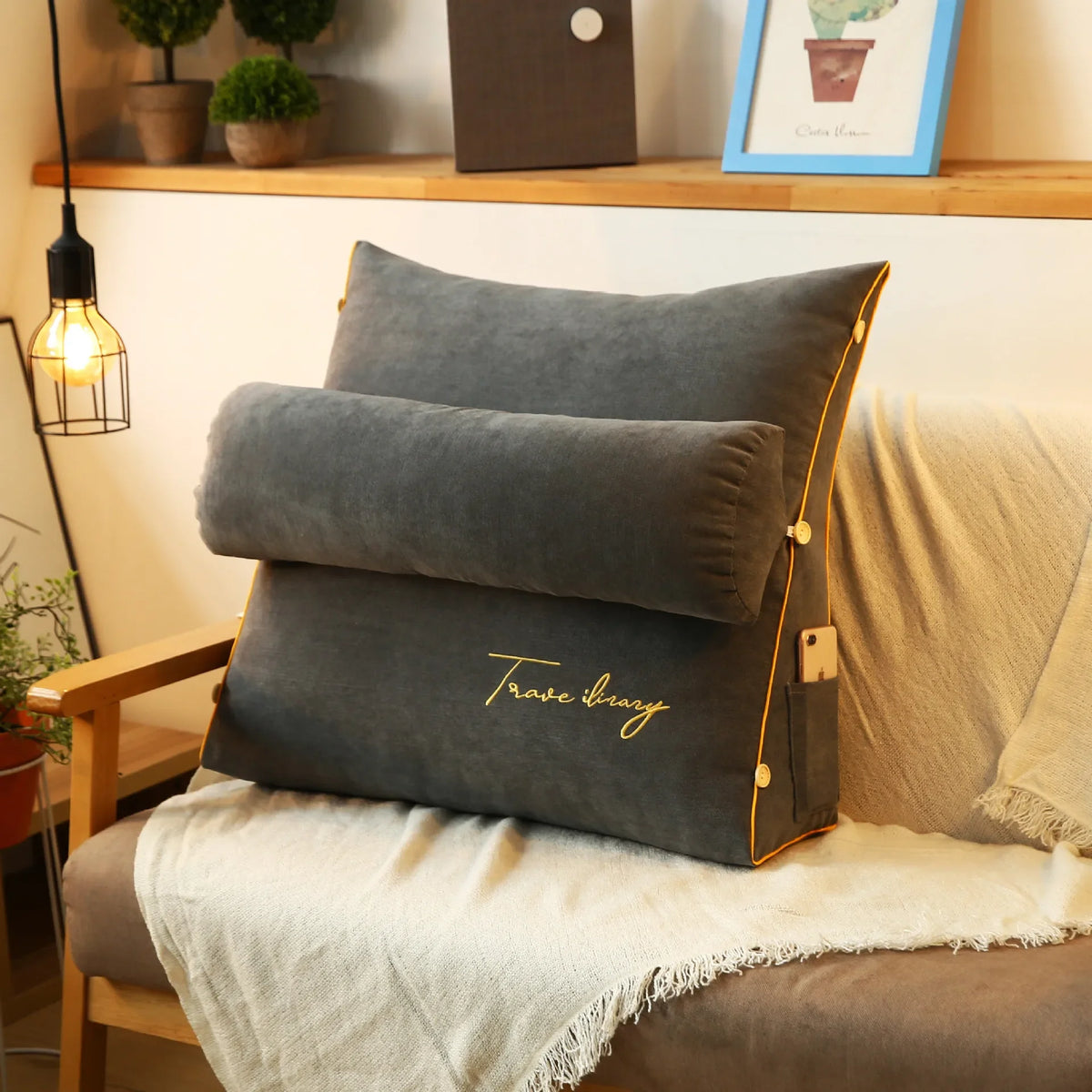 coussin lecture triangle mousse mémoire forme dossier canapé lit support lombaire gris uni