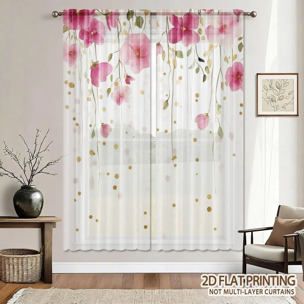rideau transparent floral rose feuilles vertes moderne blanc doré maison