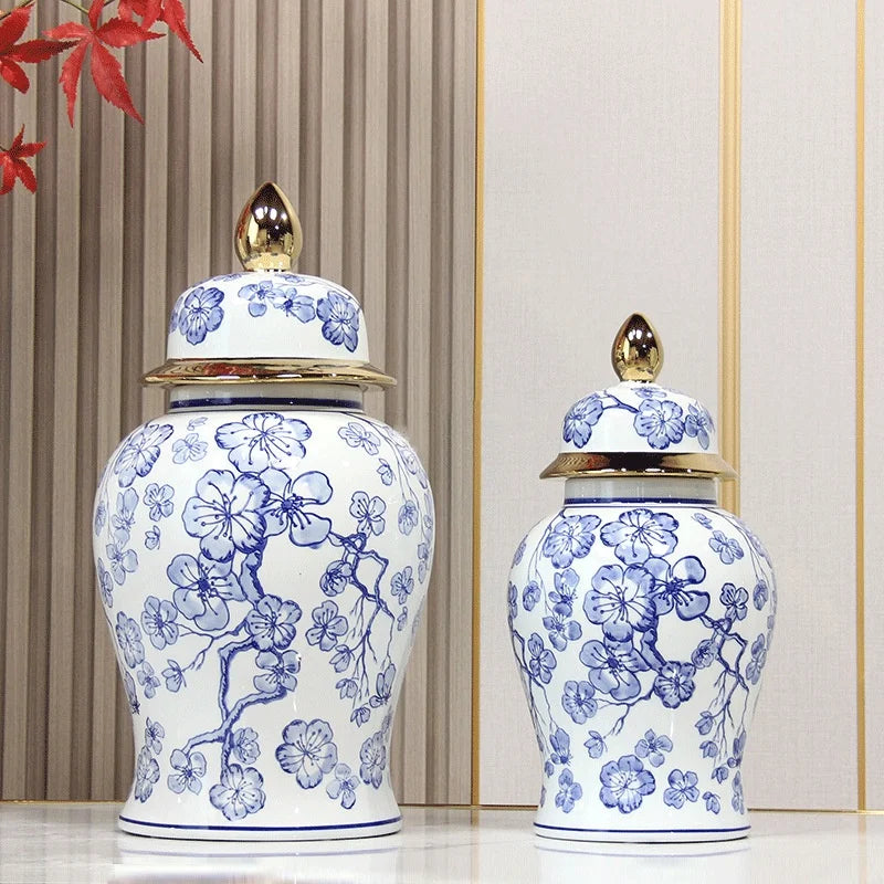 pot épices céramique blanc bleu fleurs cerisier couvercle poignée dorée traditionnel deco intérieur moderne